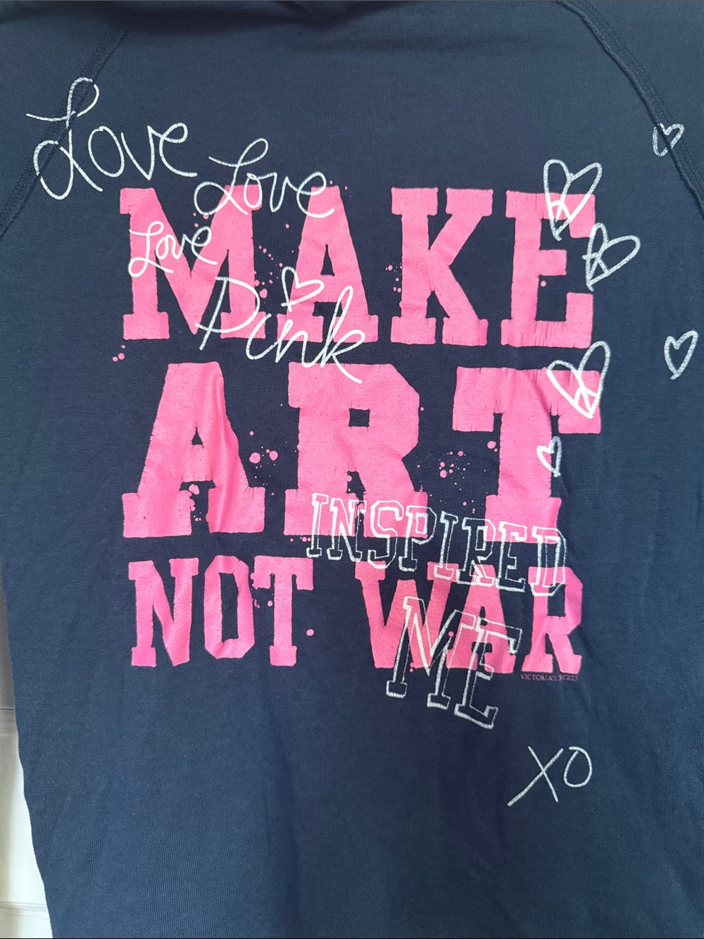Vintage Y2K Victoria's Secret PINK Navy Hoodie with Pink MAKE ART NOT WAR Small - Picture 3 of 8